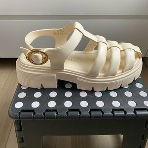 Stuart Weitzman Cream Platform Fisherman Sandal with Gold Buckle
